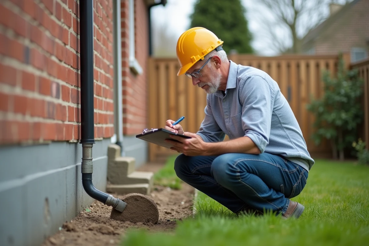 Ingénieur en extérieur inspectant la fondation d'une maison