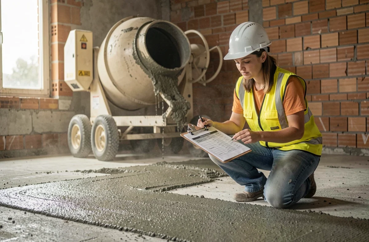 Ingénieure de chantier vérifiant le tableau de dosage pour une chape maigre à l'intérieur d'un bâtiment en construction