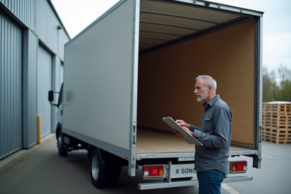 Homme inspectant un camion de déménagement spacieux