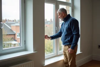 Homme inspectant une fenêtre à triple vitrage dans un salon moderne