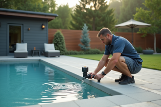 Homme d'âge moyen inspectant équipement piscine extérieur