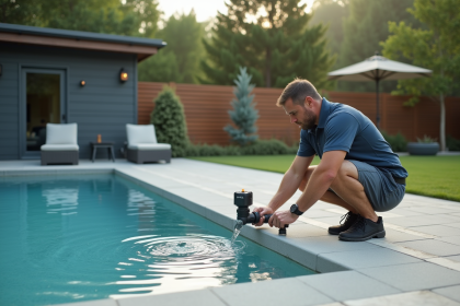 Homme d'âge moyen inspectant équipement piscine extérieur