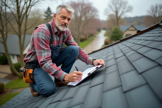 Ouvrier en travail sur un toit de maison en suburbain