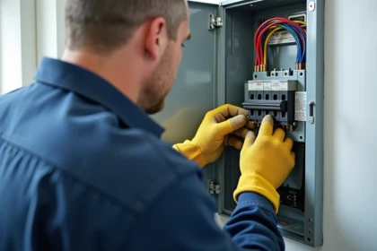 Électricien installant un disjoncteur différentiel type A dans un tableau électrique résidentiel