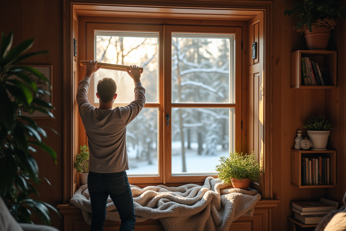 Personne posant un film isolant sur une vieille fenêtre en hiver
