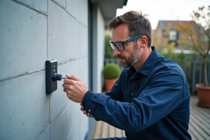 Électricien installant une prise murale étanche IP44 sur une terrasse en pierre