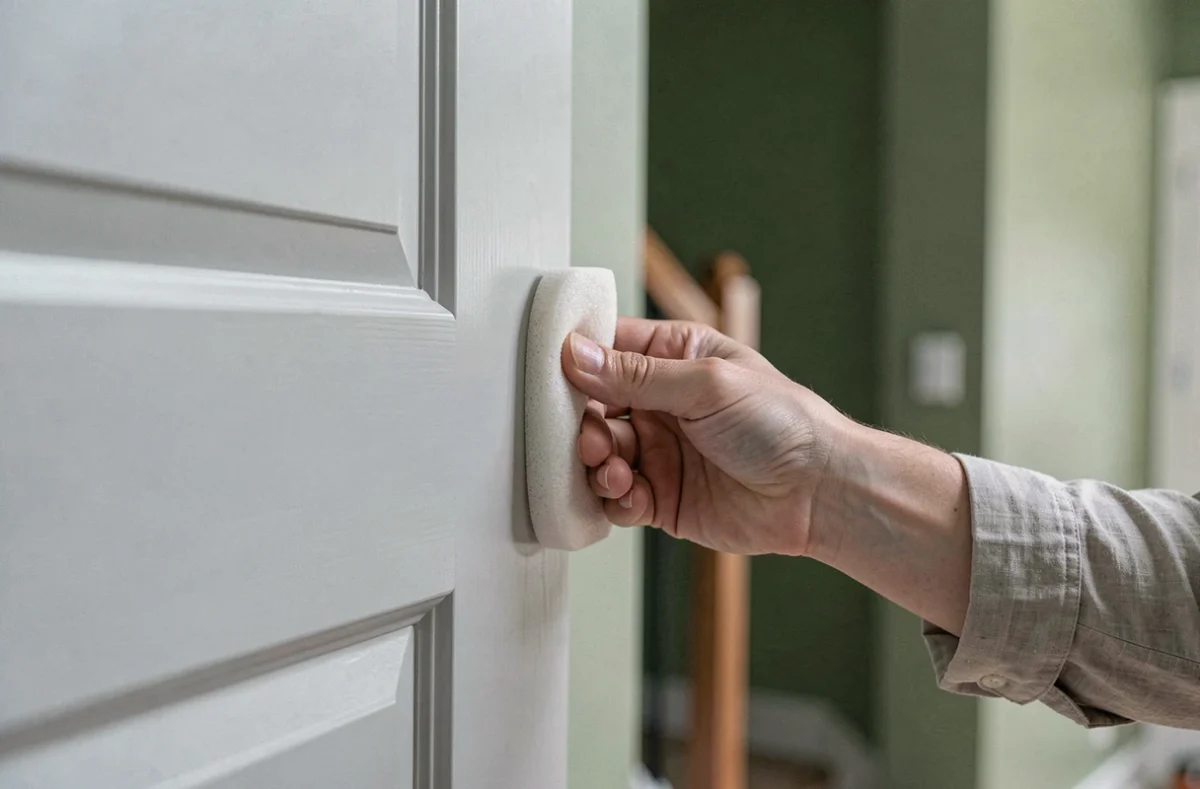 Main de parent installant un protège-doigt en mousse sur le bord d'une porte grise pour sécuriser le domicile familial