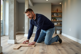Homme moyenâge en jeans installe un sol en bois dans un sous-sol