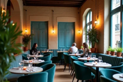 Intérieur chaleureux du bar-restaurant La Porte Bleu avec décoration vintage, portes bleues et tables en marbre