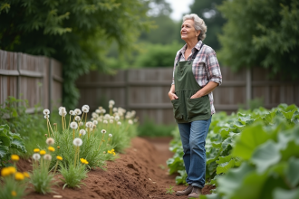 Femme au jardin observant les plantes sauvages