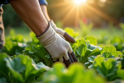 Jardinier en gants retirant des mauvaises herbes dans un jardin vert