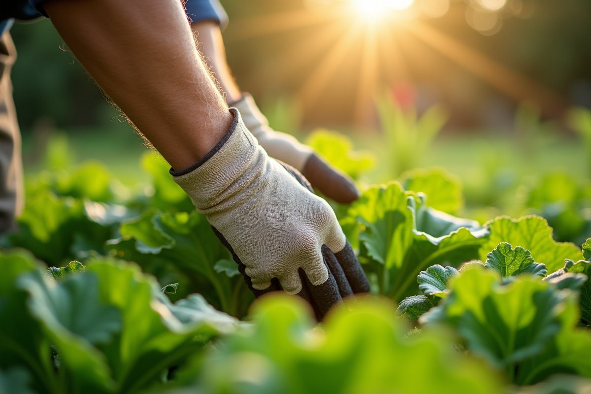 Jardinier en gants retirant des mauvaises herbes dans un jardin vert