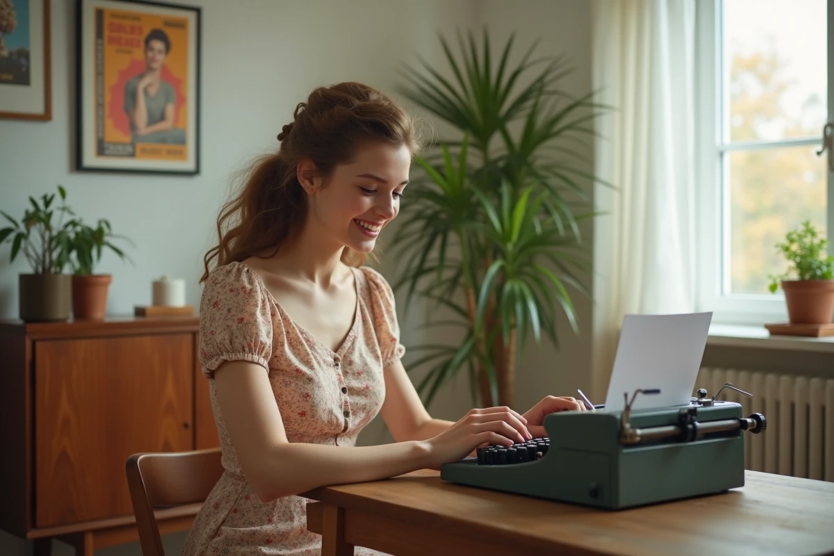 Jeune femme souriante tapant sur une machine à écrire rétro