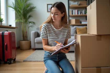 Jeune femme prenant des notes près de cartons de déménagement