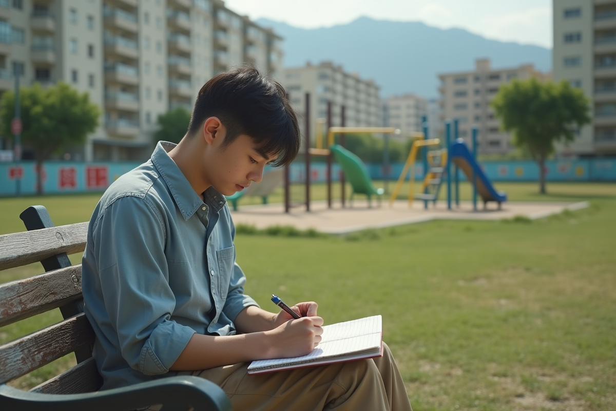 Jeune homme dessinant dans un parc avec équipements vandalisés