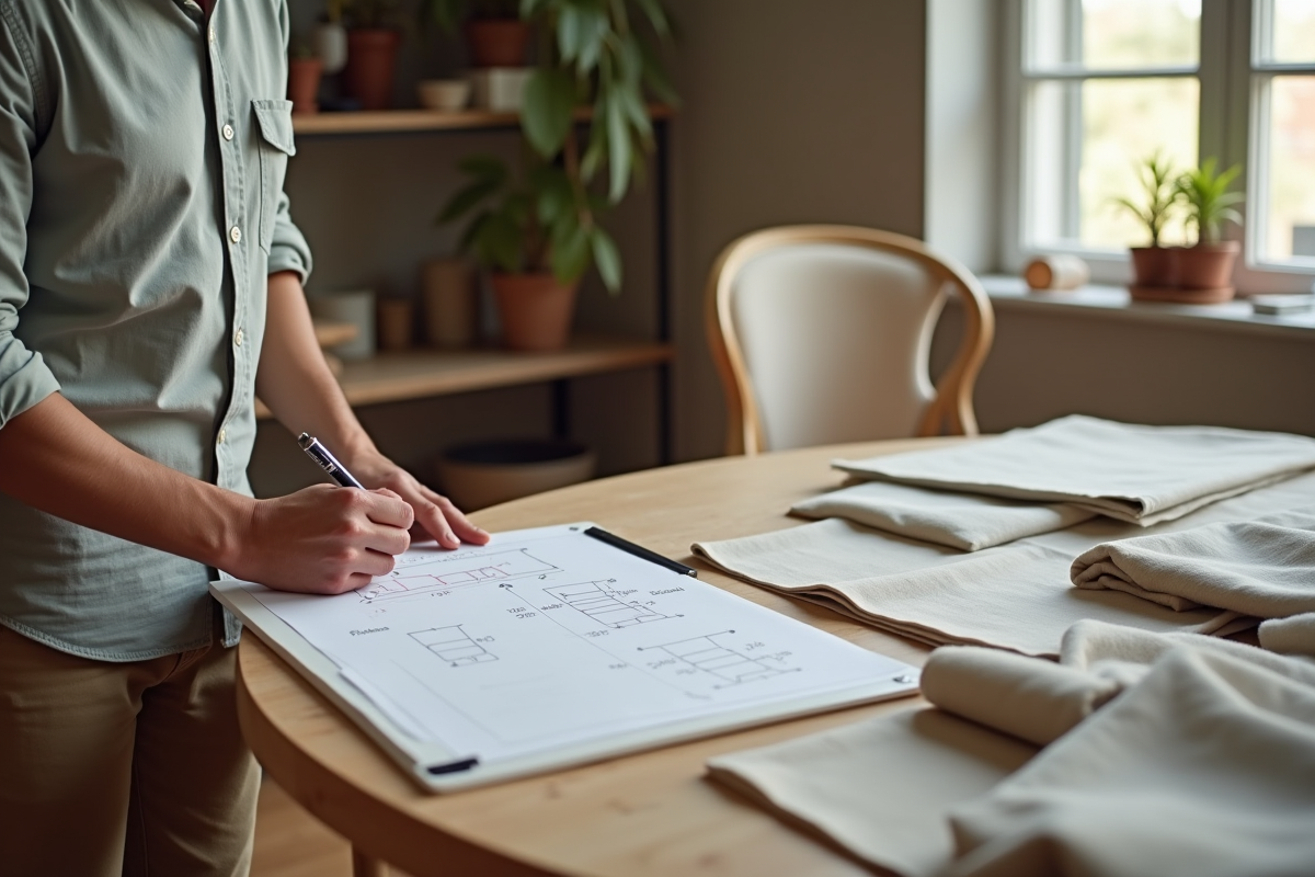 Jeune homme dessinant des mesures sur un carnet dans une salle à manger