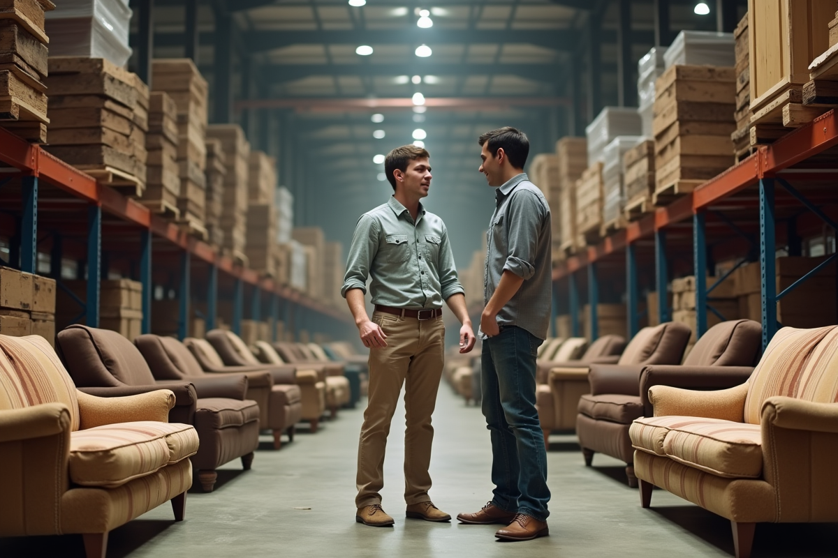 Jeune homme négociant avec un vendeur dans un entrepôt de meubles vintage