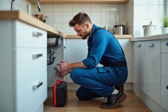 Jeune plombier inspectant un tuyau sous un évier moderne