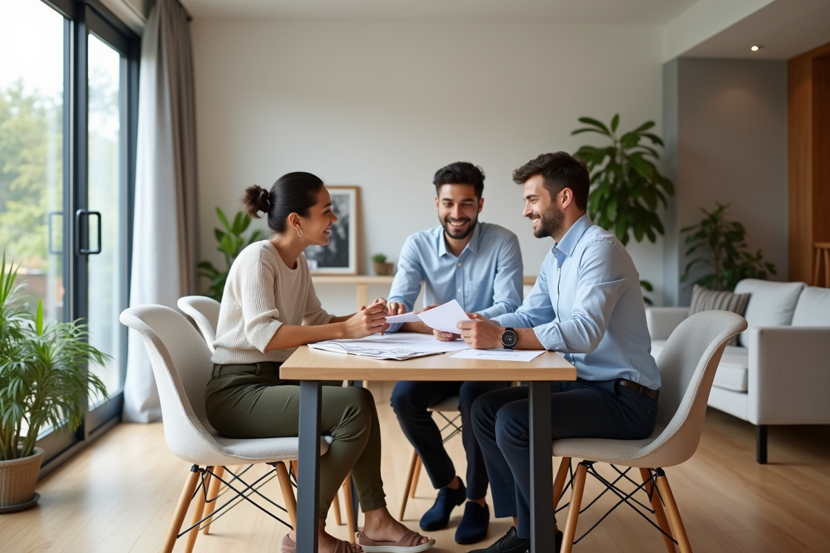 Jeune professionnel montrant documents à un couple dans intérieur