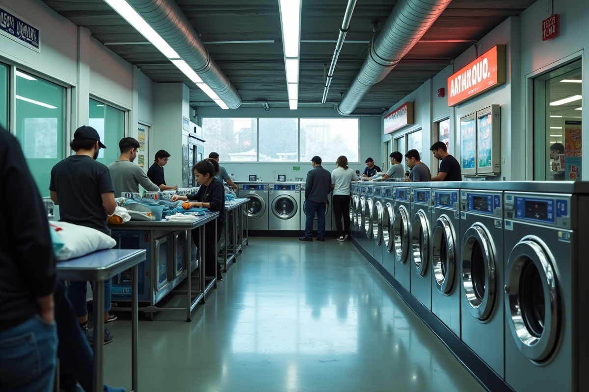 Laverie urbaine avec machines en rangée et clients en attente