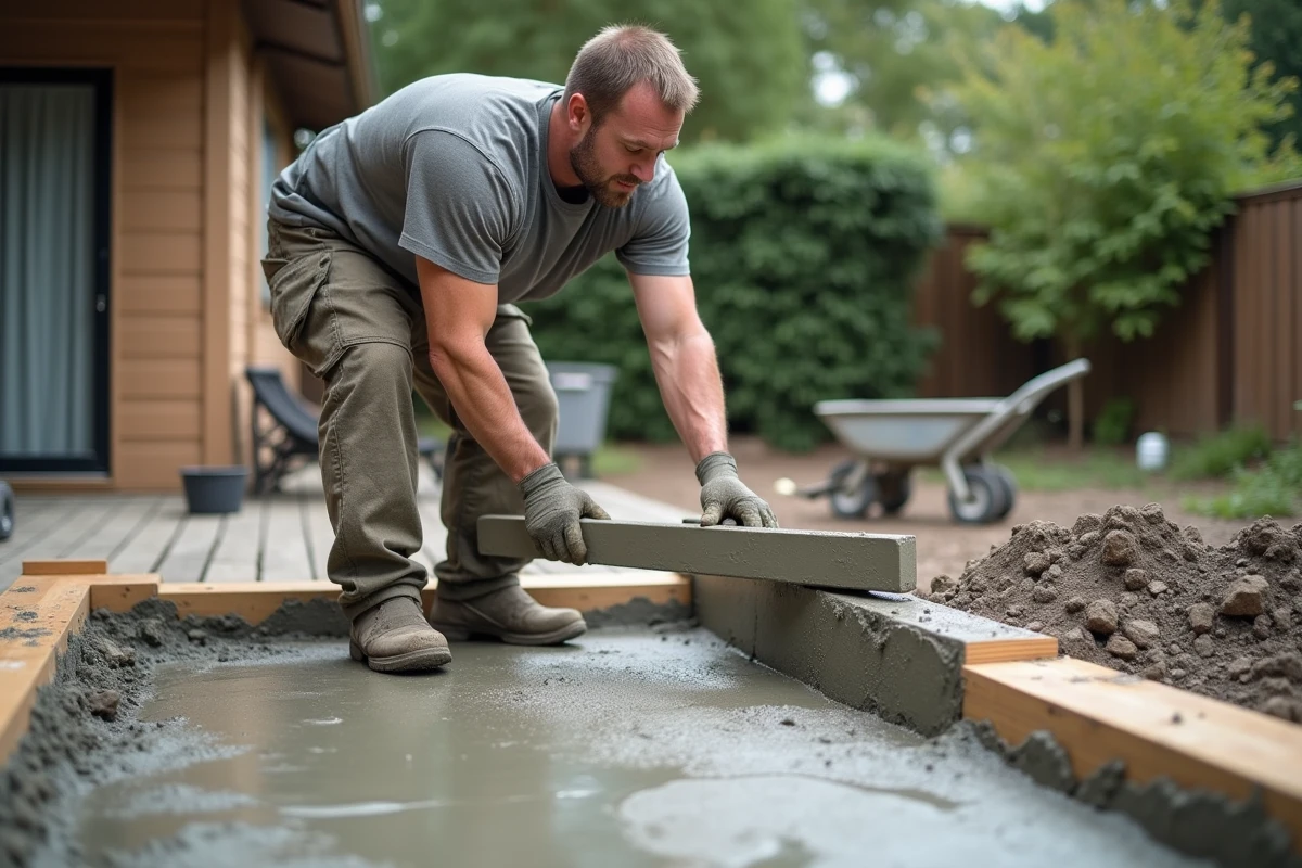 Maçon nivelant le béton d'une terrasse avec une règle, étape critique pour éviter les malfaçons et surcoûts