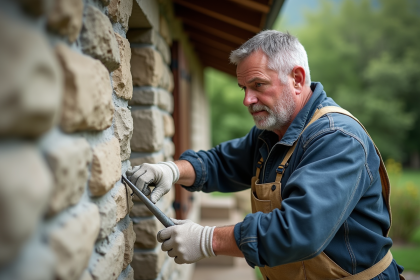 Maçon appliquant du plâtre sur un mur en pierre extérieure