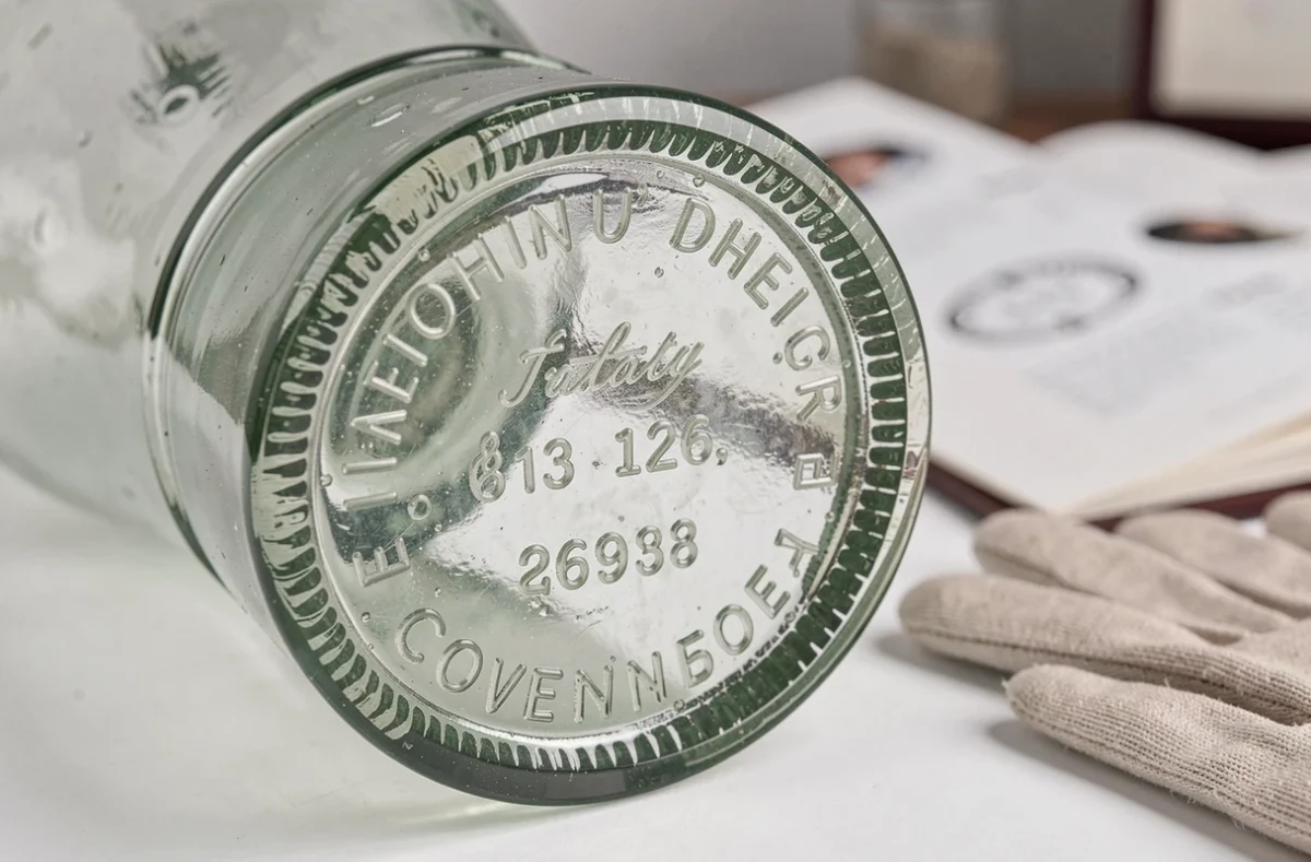 Gros plan sur la marque de signature gravée à la base d'une pièce en verre pressé Portieux