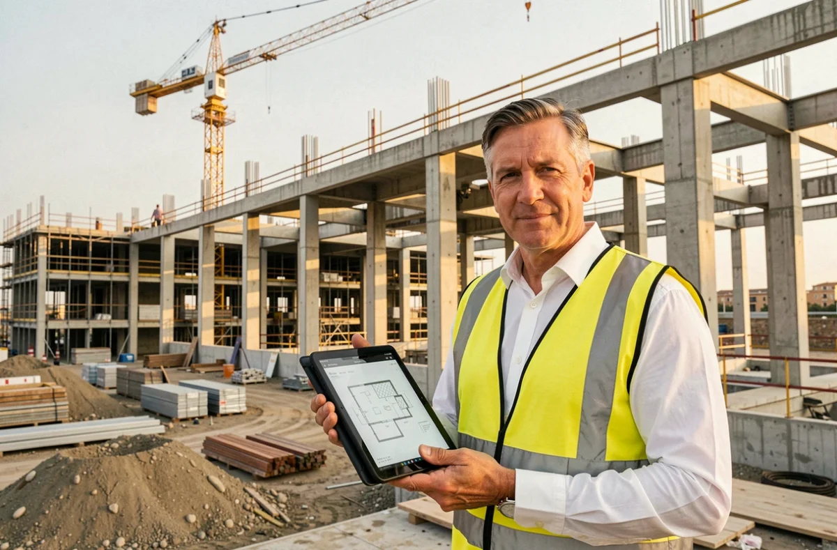 Chef d'entreprise de Marseille Construction Entreprises J Y Alemany supervisant un chantier commercial avec tablette numérique