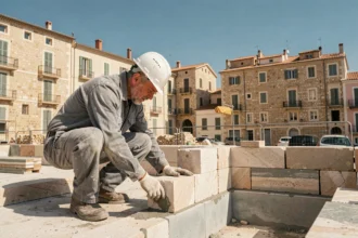 Maçon professionnel inspectant des blocs de pierre sur un chantier à Marseille avec vue sur la ville