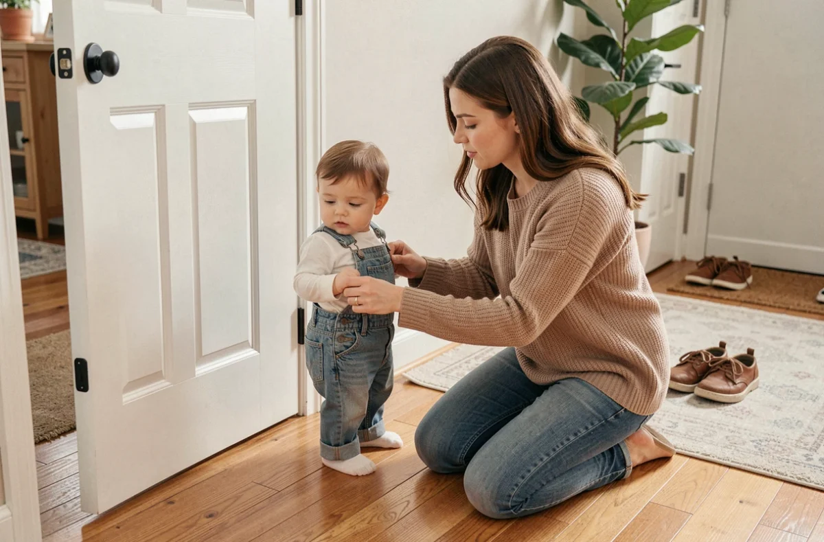 Mère expliquant à son jeune enfant en salopette le danger de coincement des doigts dans une porte d'intérieur à la maison