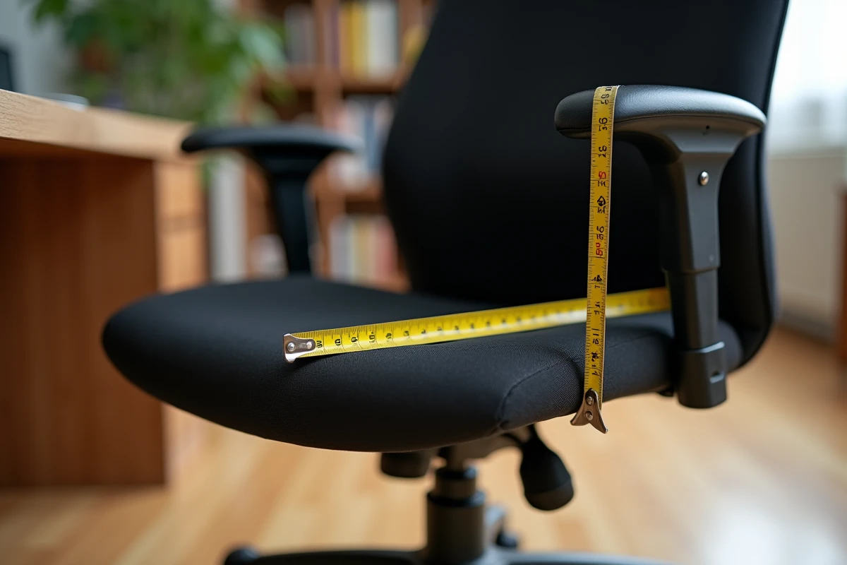 Gros plan sur les dimensions standard d'une chaise de bureau noire mesurée avec un mètre ruban dans un bureau à domicile