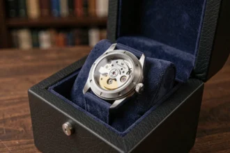 Montre automatique posée dans un remontoir en cuir noir avec fond en bois de noyer, mettant en valeur le mécanisme et le coussin microfibre