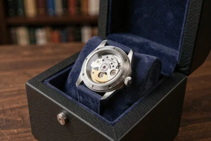 Montre automatique posée dans un remontoir en cuir noir avec fond en bois de noyer, mettant en valeur le mécanisme et le coussin microfibre