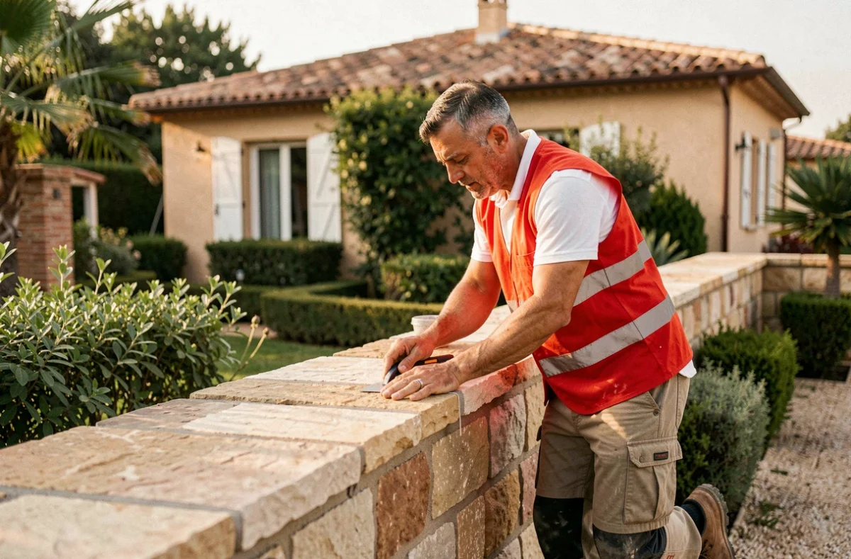 Maçon de MSB 13 posant des pierres de couronnement sur un muret de jardin dans une propriété résidentielle à Marseille