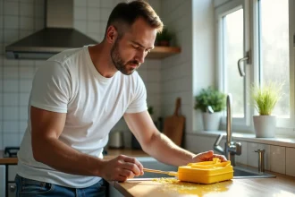 Homme concentré nettoyant un appareil en plastique jaune