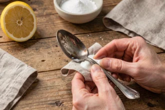 Mains nettoyant une cuillère en argent noircie avec du bicarbonate de soude sur une table en bois rustique