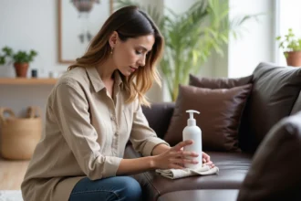 Femme appliquant un nettoyant cuir sur un canapé marron avec un chiffon microfibre
