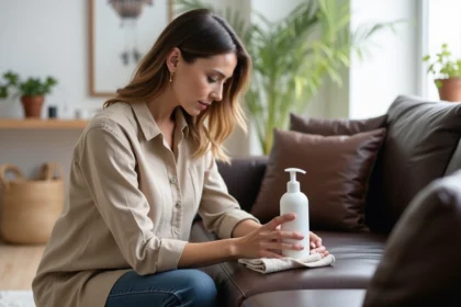 Femme appliquant un nettoyant cuir sur un canapé marron avec un chiffon microfibre