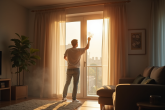 Personne ouvrant prudemment une fenetre dans un salon moderne