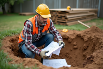 Ouvrier de construction examinant des plans sur un chantier
