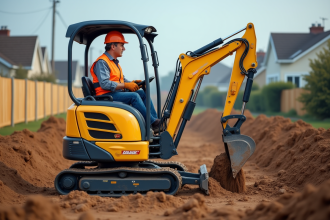 Ouvrier en veston haute visibilité utilisant une mini pelle