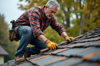 Couvreur homme en action sur un toit avec tuiles anciennes