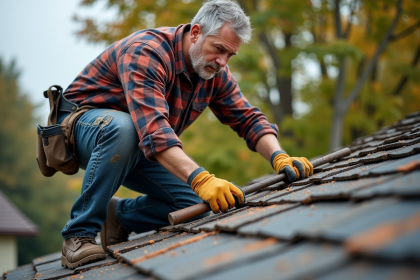 Couvreur homme en action sur un toit avec tuiles anciennes