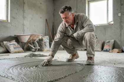 Ouvrier inspectant la consistance d'une chape maigre fraîchement coulée sur un chantier intérieur