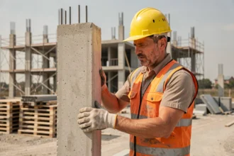 Ouvrier de chantier inspectant une poutrelle hourdi en béton sur un chantier de construction résidentiel