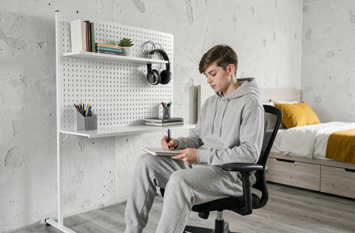 Panneau pegboard blanc comme séparation de pièce dans chambre d'adolescent avec coin bureau minimaliste