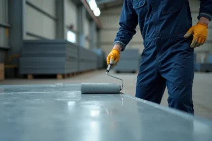 Homme en combinaison appliquant peinture RAL 9006