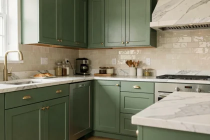Cuisine moderne avec peinture luxe vert sauge sur les façades d'armoires résistantes à l'humidité