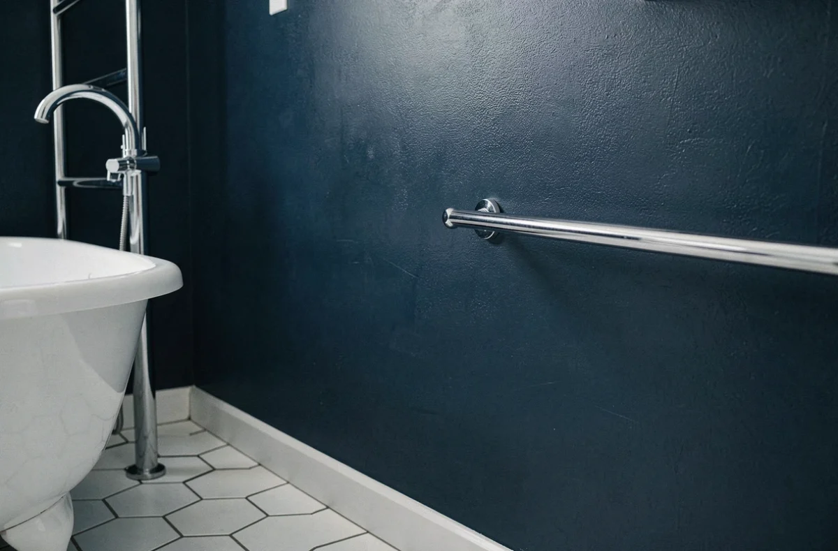 Salle de bains rénovée avec peinture luxe bleu marine résistante à l'humidité et aux éclaboussures