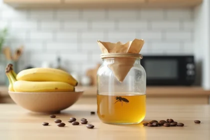 Piège à moucherons discret fait maison avec un bocal en verre et du vinaigre de cidre posé sur un plan de travail de cuisine scandinave moderne